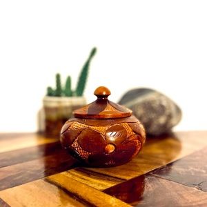 Handmade Vintage Wood Carved Engraved Bowl Jewelry Box Jar